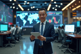 Homme d affaires asiatique en costume dans une bourse mondiale