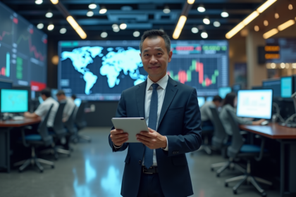 Homme d affaires asiatique en costume dans une bourse mondiale