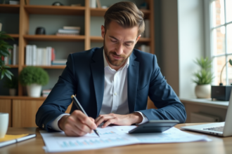 Jeune homme en costume dans un bureau moderne en pleine réflexion
