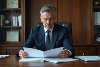 Homme d affaires en costume noir examinant des documents officiels