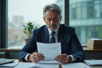 Homme d affaires en costume bleu lisant un document financier