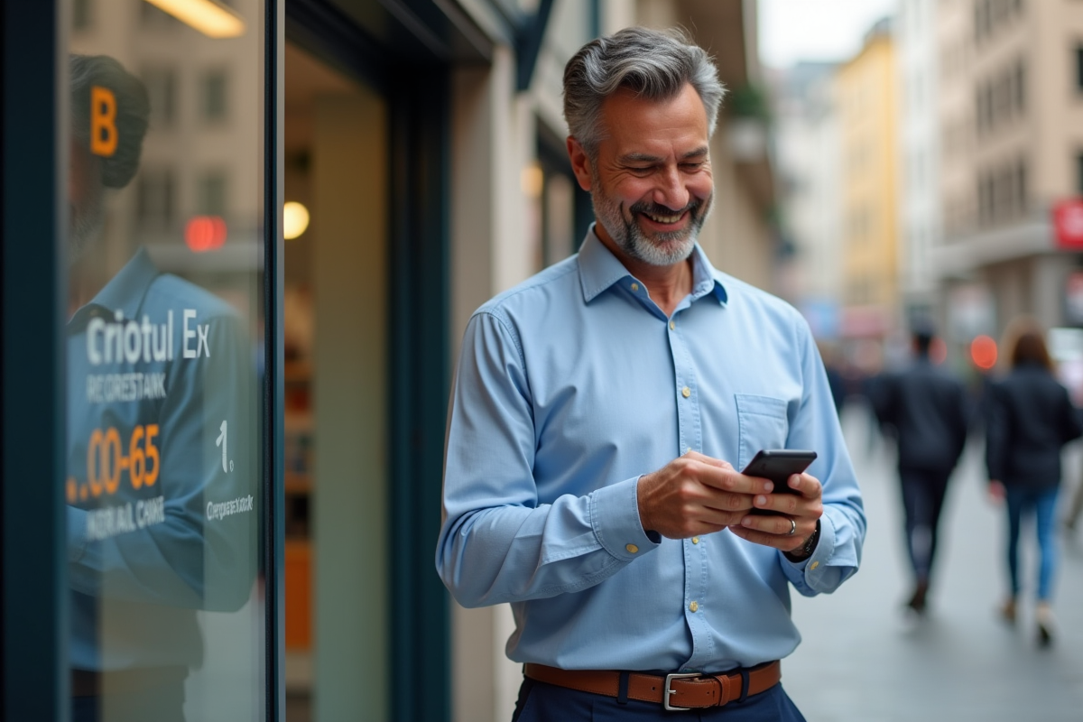 Homme souriant utilisant son téléphone pour une application bancaire