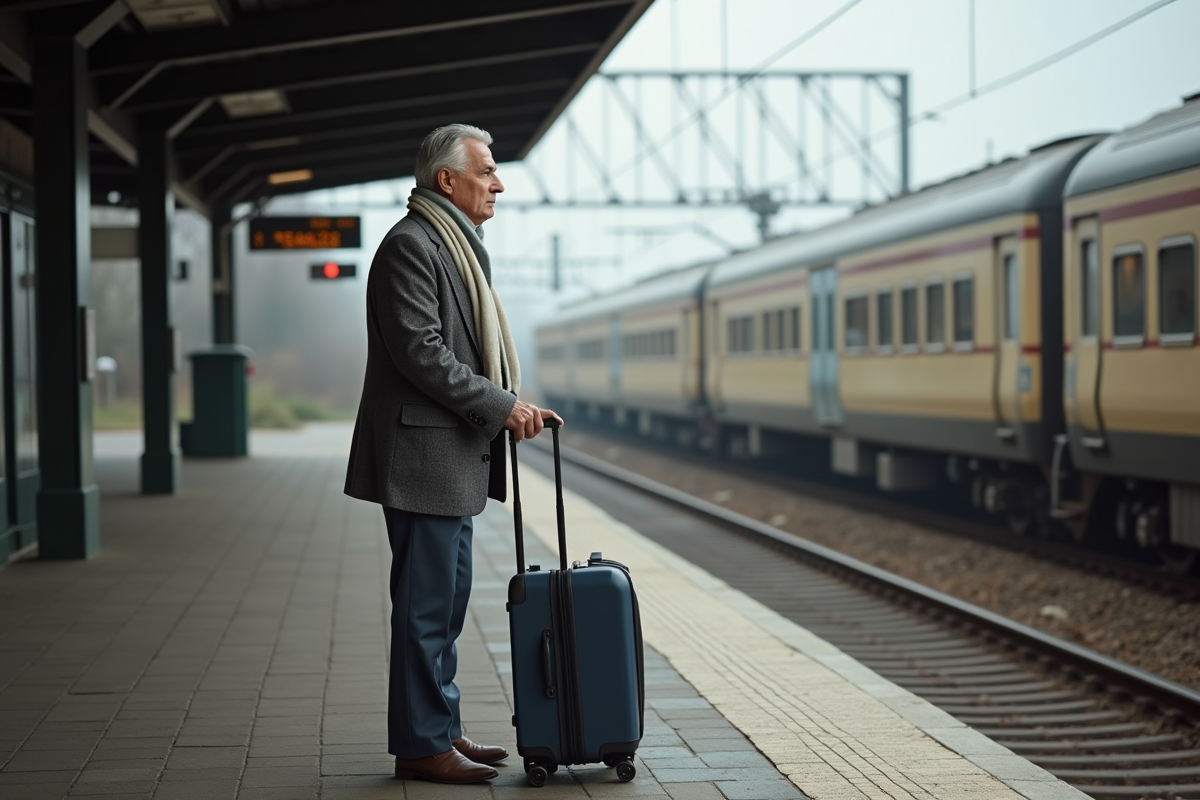 Homme mature attendant un train sur une plateforme ferroviaire