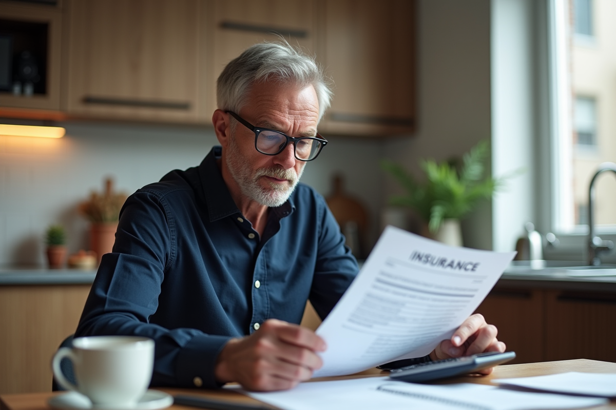 Homme d'âge moyen examinant des documents d'assurance à la maison