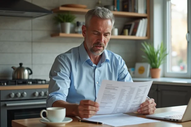 Homme d'âge moyen regardant un relevé crypto dans une cuisine moderne