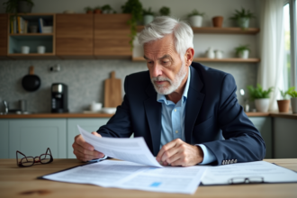 Homme d'environ soixante ans examinant des papiers de retraite