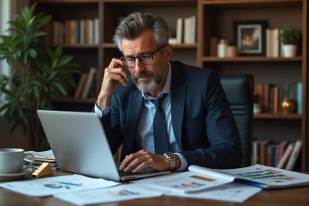 Homme d'affaires en costume bleu analyse des graphiques financiers