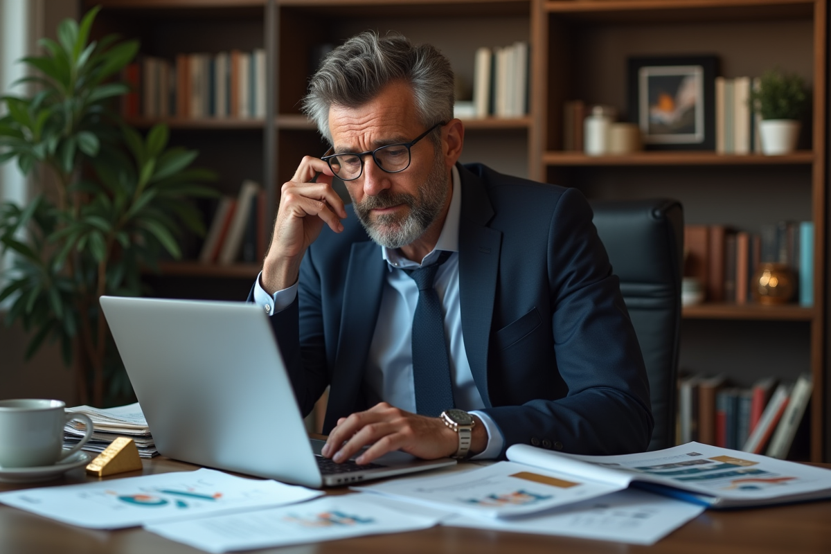 Homme d'affaires en costume bleu analyse des graphiques financiers