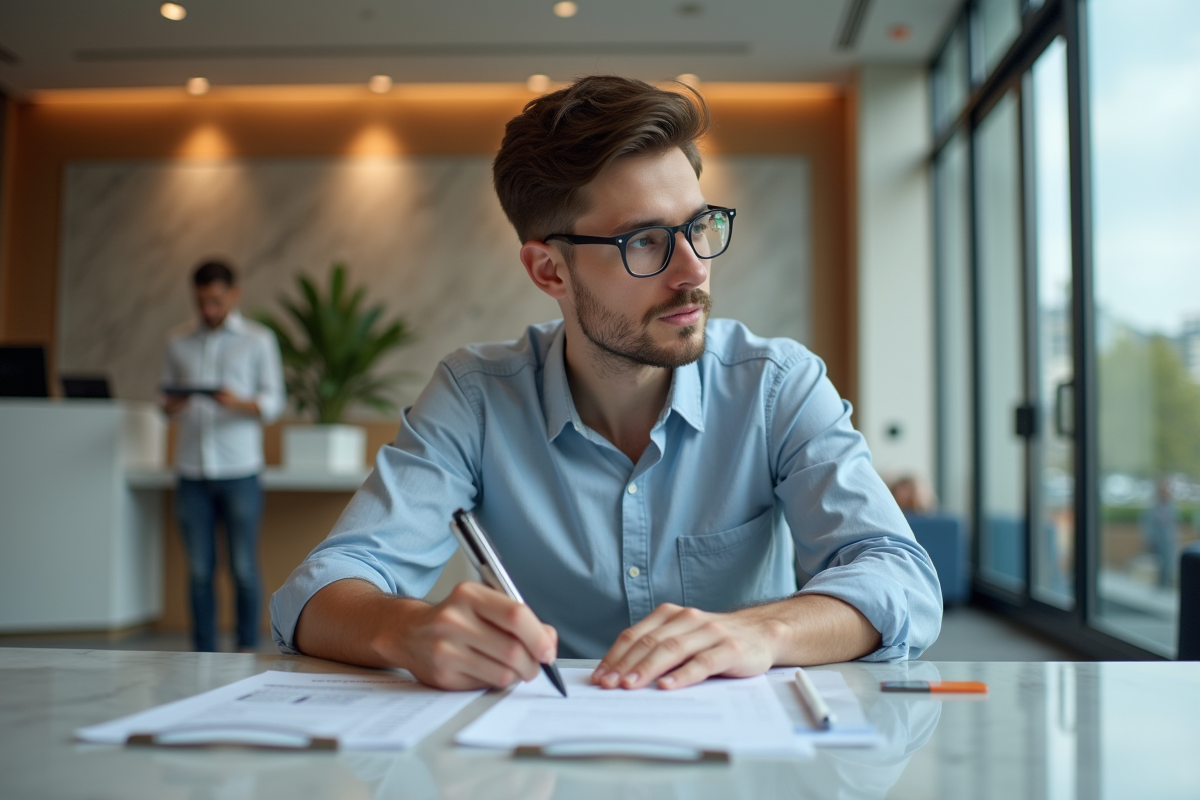 Homme remplissant un formulaire bancaire avec documents crypto
