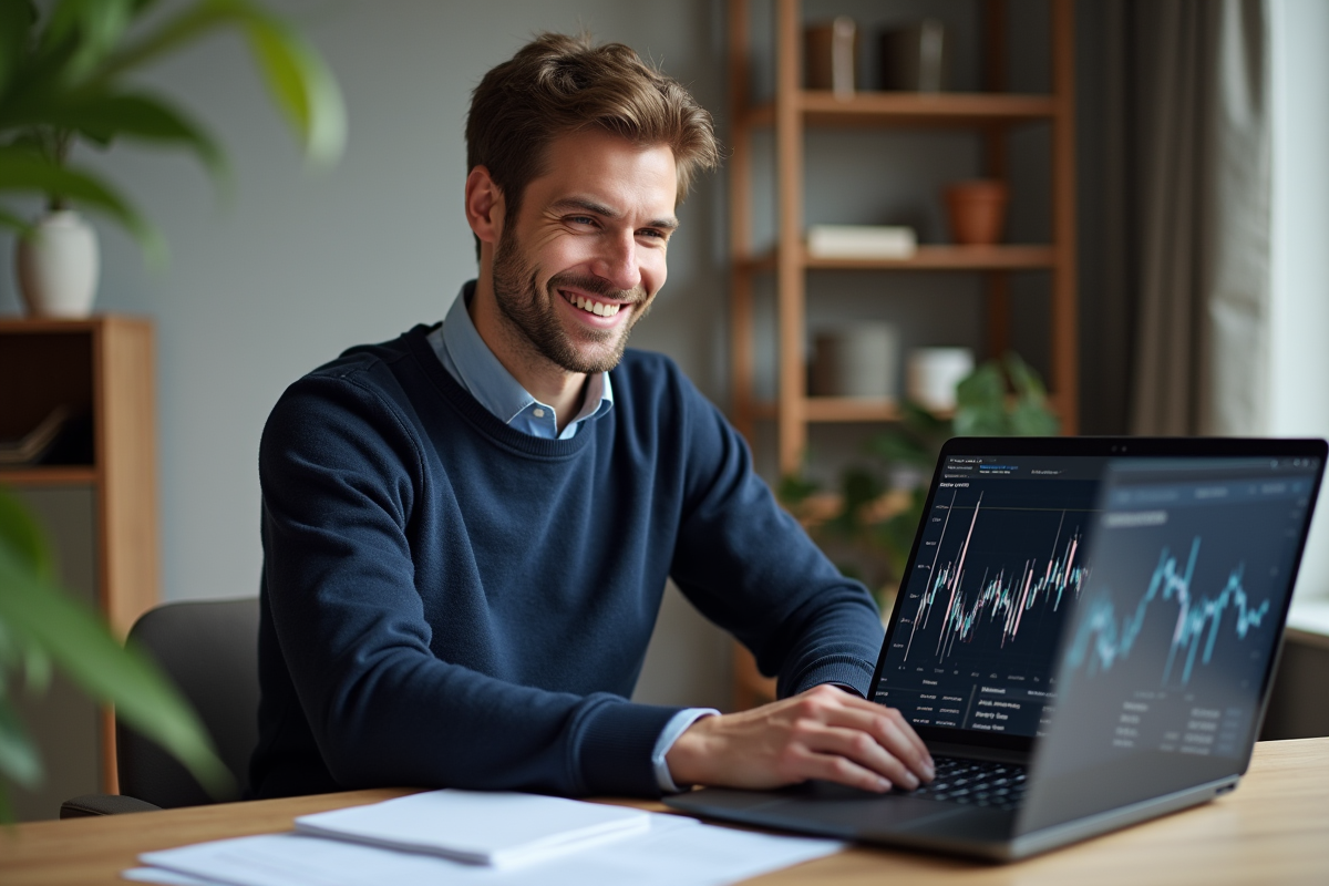 Homme français souriant travaillant sur un ordinateur à domicile
