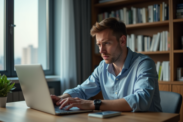 Homme d'âge moyen anxieux devant son ordinateur dans un appartement