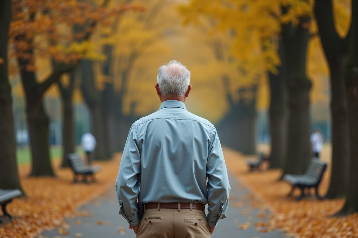 Homme contemplant un chemin dans un parc en automne