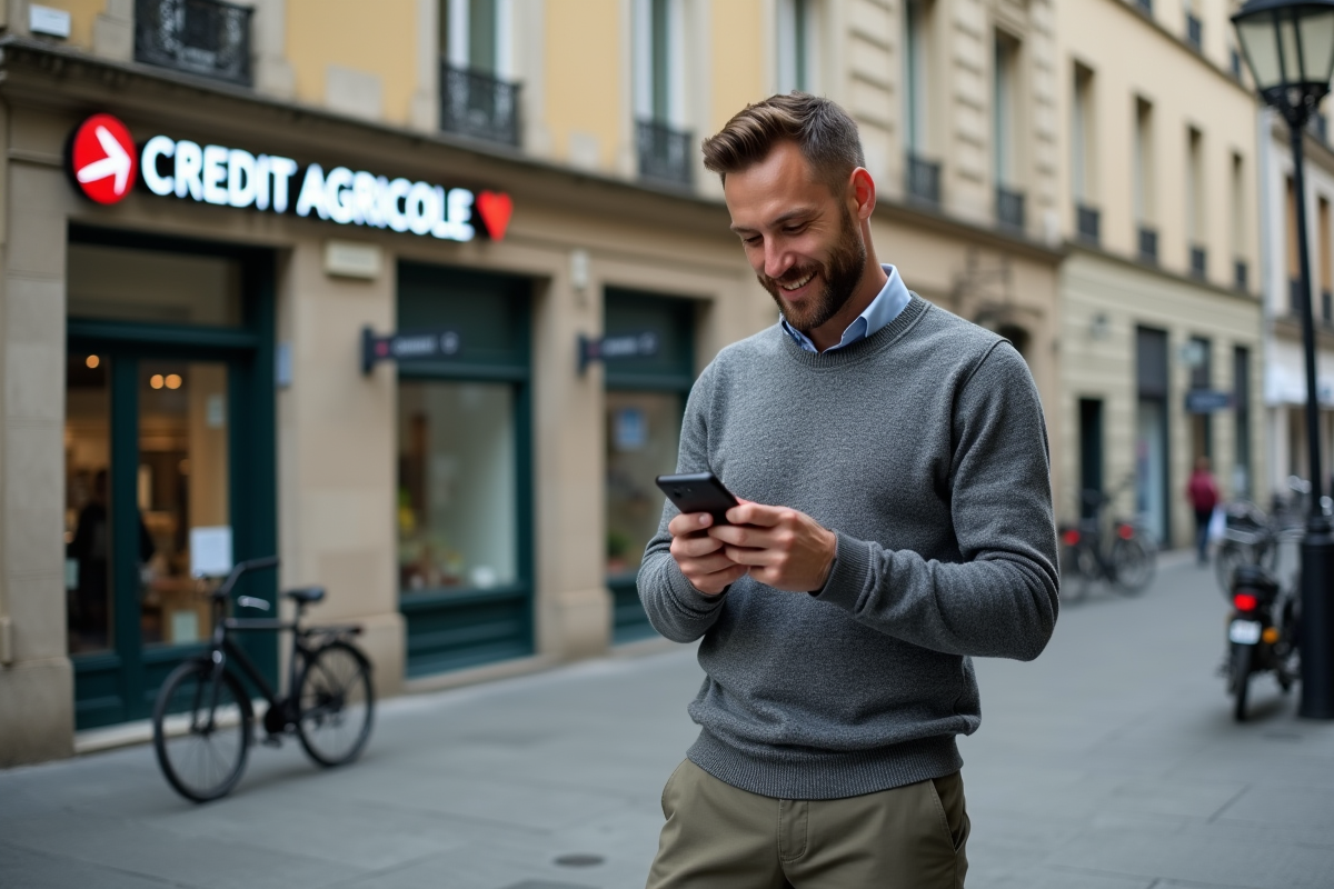 Homme souriant vérifiant son smartphone devant banque