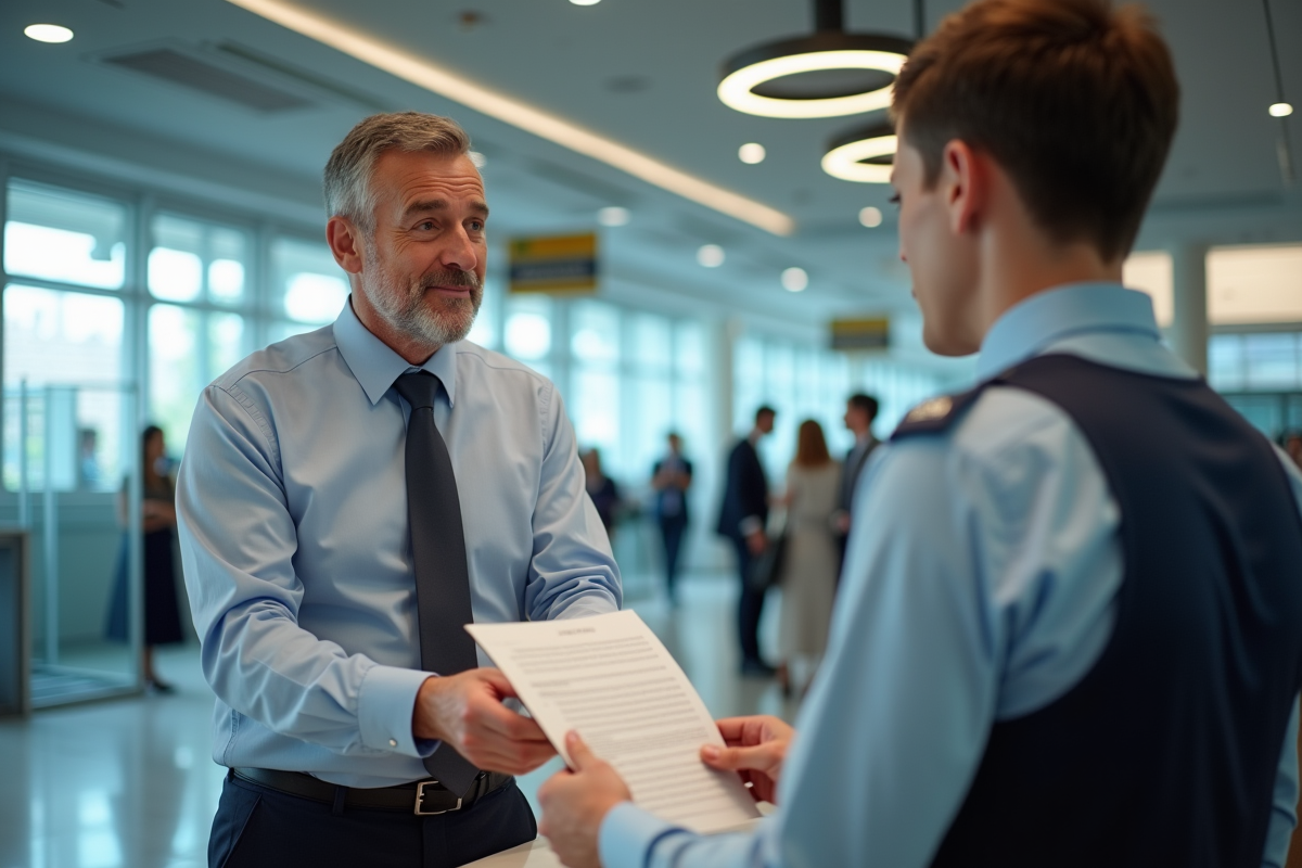 Homme remettant un document au guichet bancaire