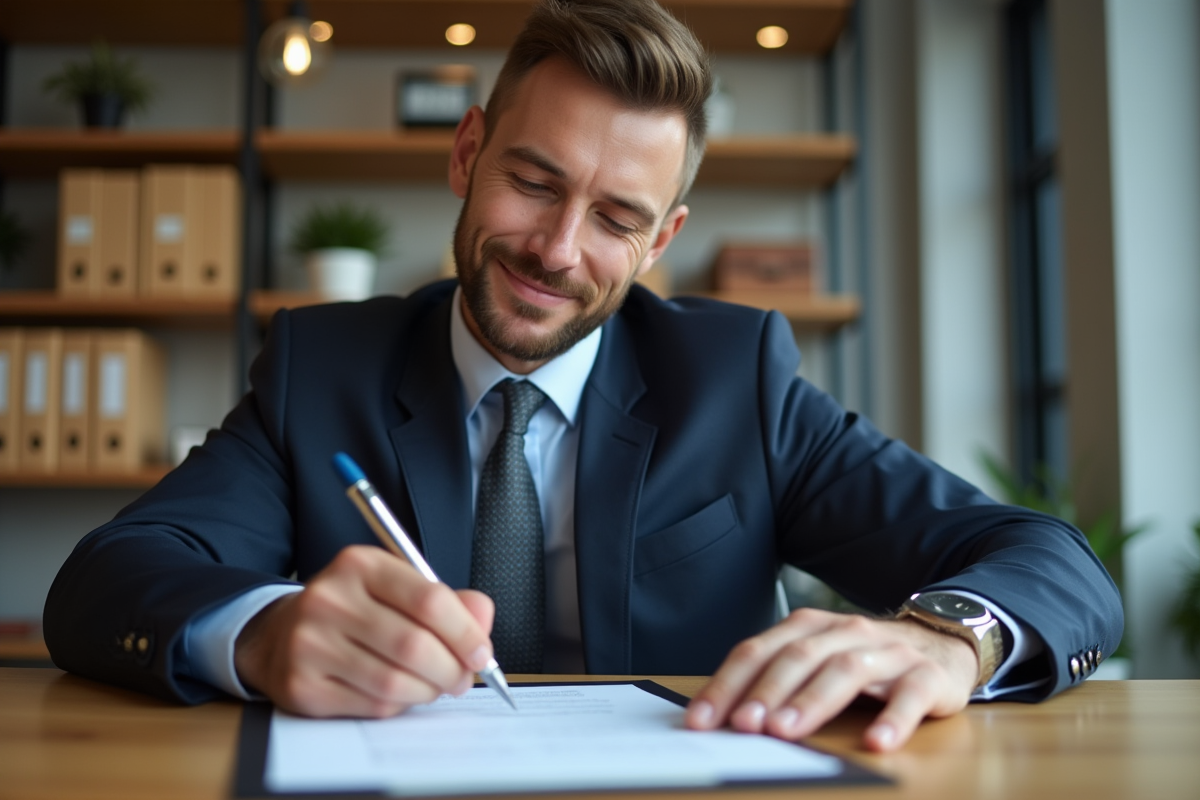 Homme d'affaires signant un document dans un bureau moderne