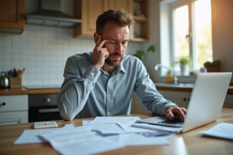 Homme stressé en cuisine avec documents financiers