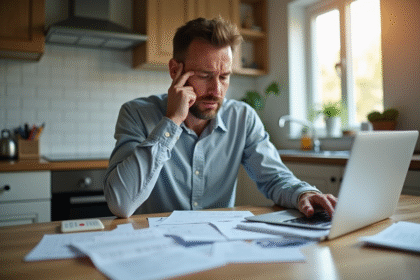 Homme stressé en cuisine avec documents financiers