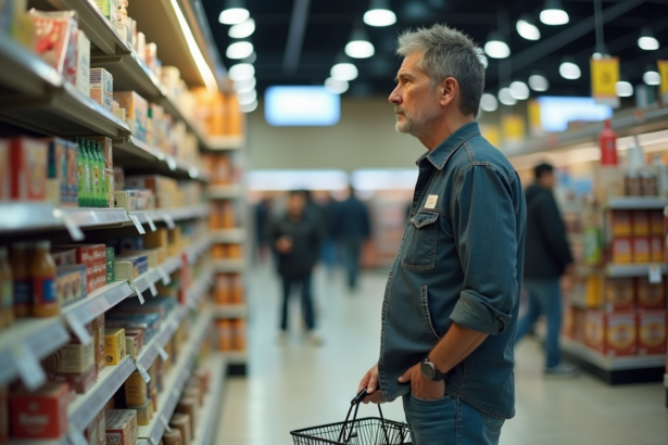 Homme d'âge moyen dans un supermarché en réflexion