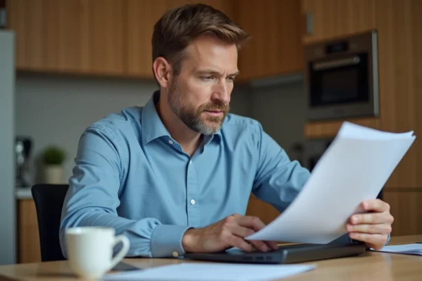 Homme d'âge moyen travaillant à la maison avec documents et ordinateur