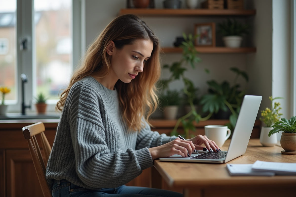 Femme investigatrice analysant des données blockchain à la maison