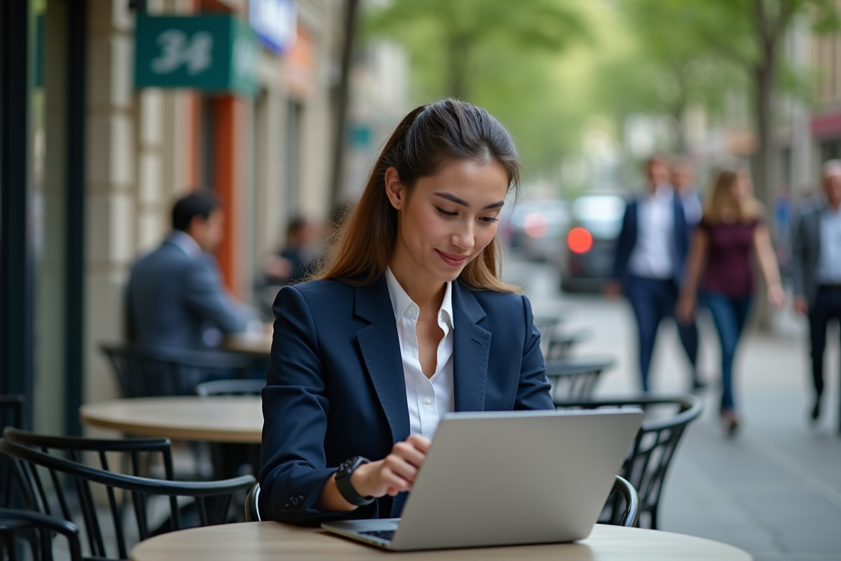 Jeune entrepreneure fintech analysant des données bancaires en extérieur