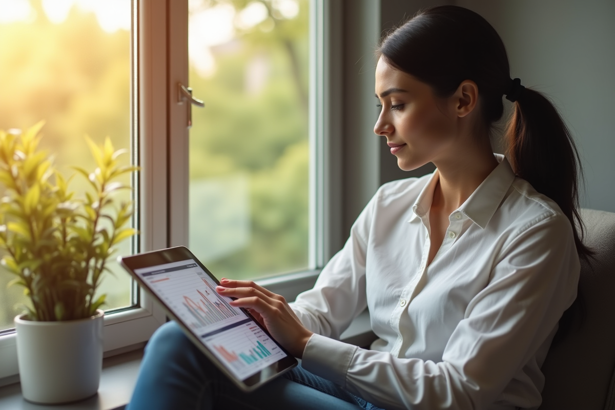 Jeune femme à la maison analysant ses investissements sur une tablette