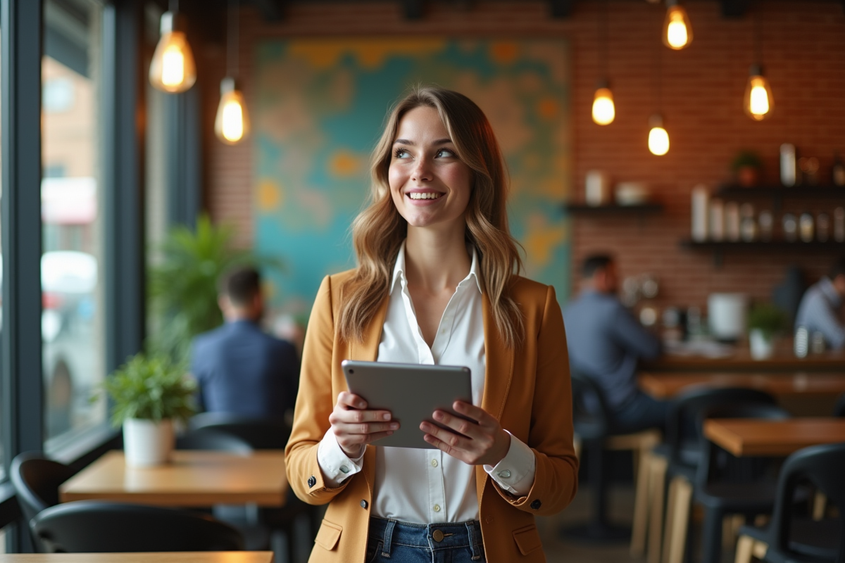 Jeune femme entrepreneure consulte un tableau numérique dans un café