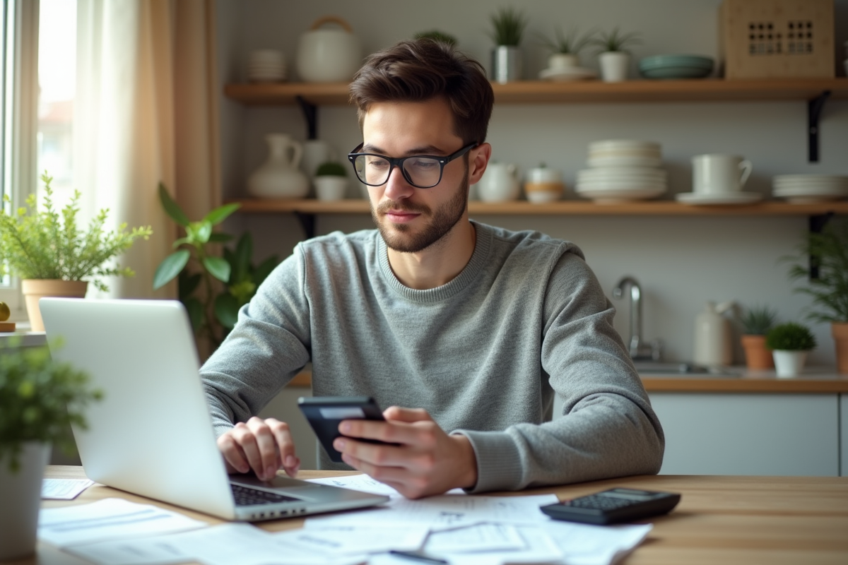 Jeune homme analysant ses finances à la maison
