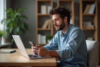 Jeune homme assis avec ordinateur dans un appartement moderne