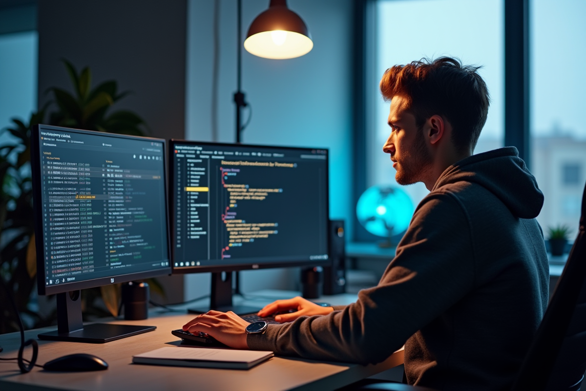 Jeune homme travaillant sur un bureau de minage bitcoin lumineux