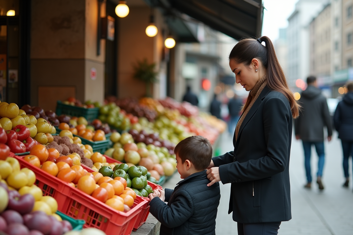Jeune mère avec enfant examinant les prix au marché