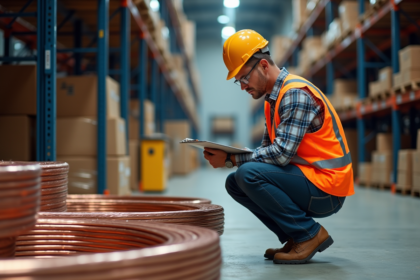 Ouvrier en sécurité examine du fil de cuivre dans un entrepôt industriel