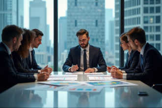 Groupe de professionnels d'affaires analysant des graphiques économiques