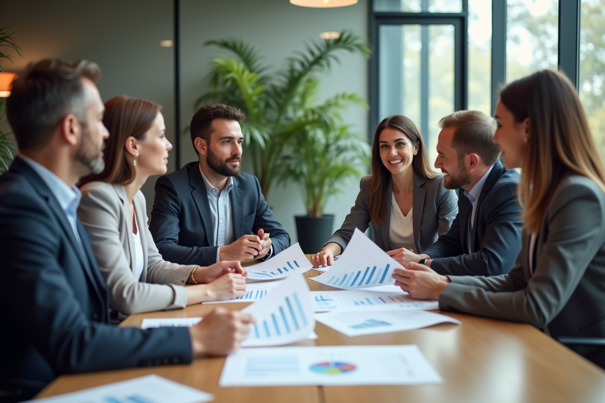 Groupe de professionnels discutant de graphiques financiers
