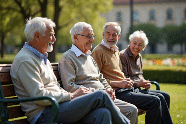 Groupe de seniors souriants dans un parc européen