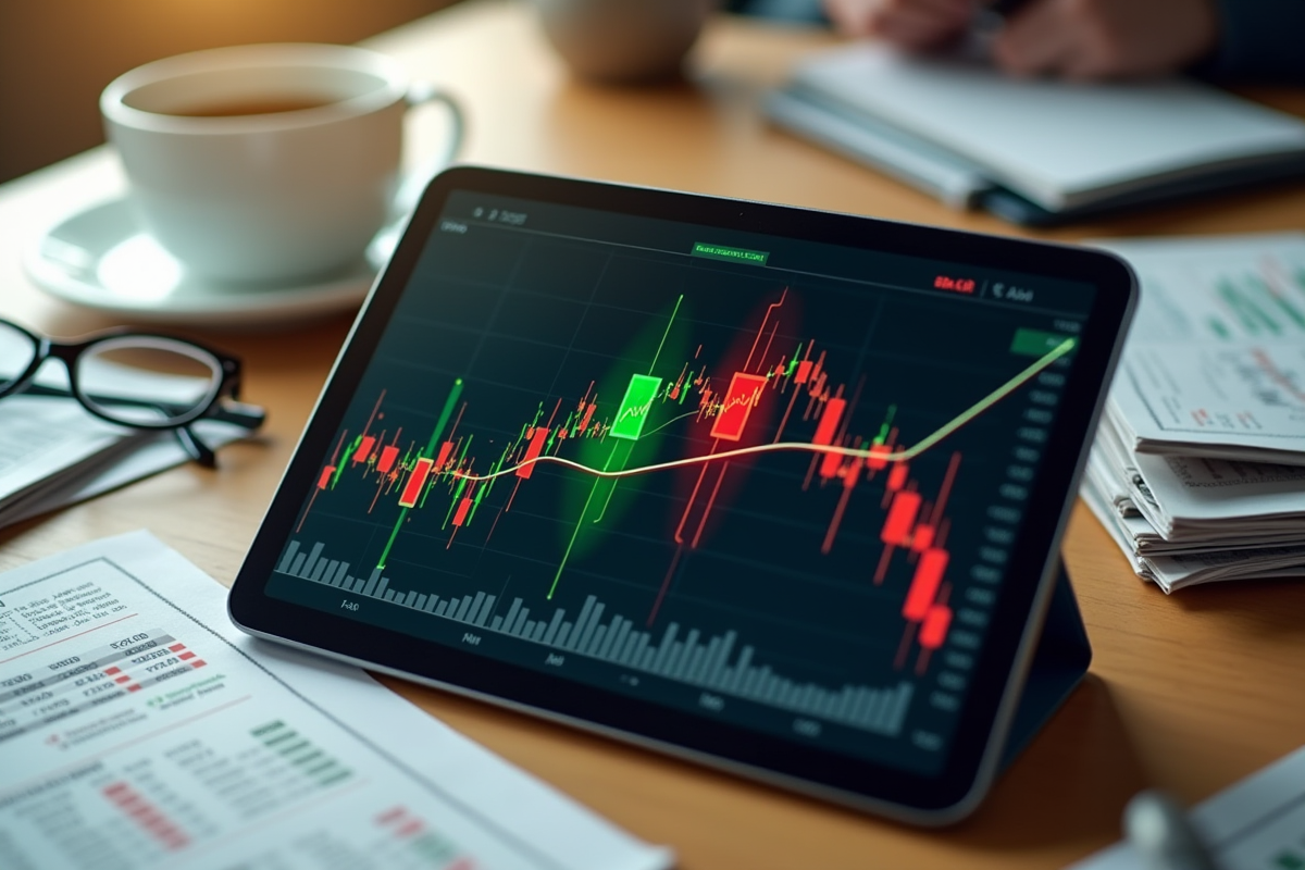 Tablette avec graphique boursier sur un bureau en journée lumineuse